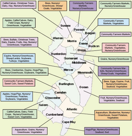 Image of NJ map pointing to agricultural products