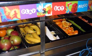 Southwood Elementary School lunch line, with fresh fruits and vegetables