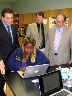 Photo of Executive DiVincenzo, John Neyhart and Secretary Fisher watching a lesson