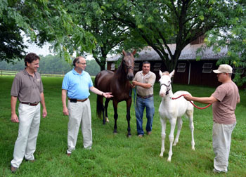 Photo of Mark Mullen and Secretary Fisher with the white colt and his mother