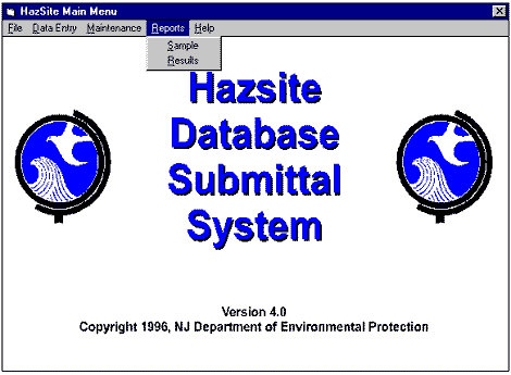 HazSite Application Main Menu - Reports Screen