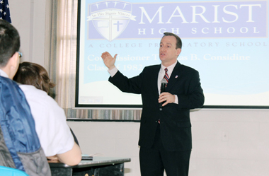 Commissioner Considine speaks at his alma mater, Marist High School, Bayonne