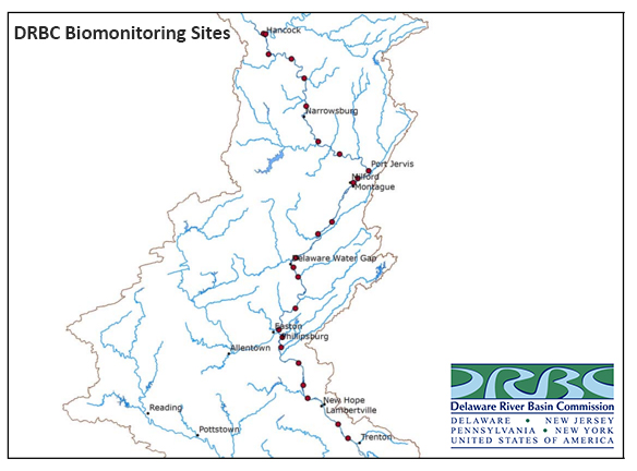 Monitoring SIte Locations for DRBC's Biomonitoring Program. Map by DRBC.