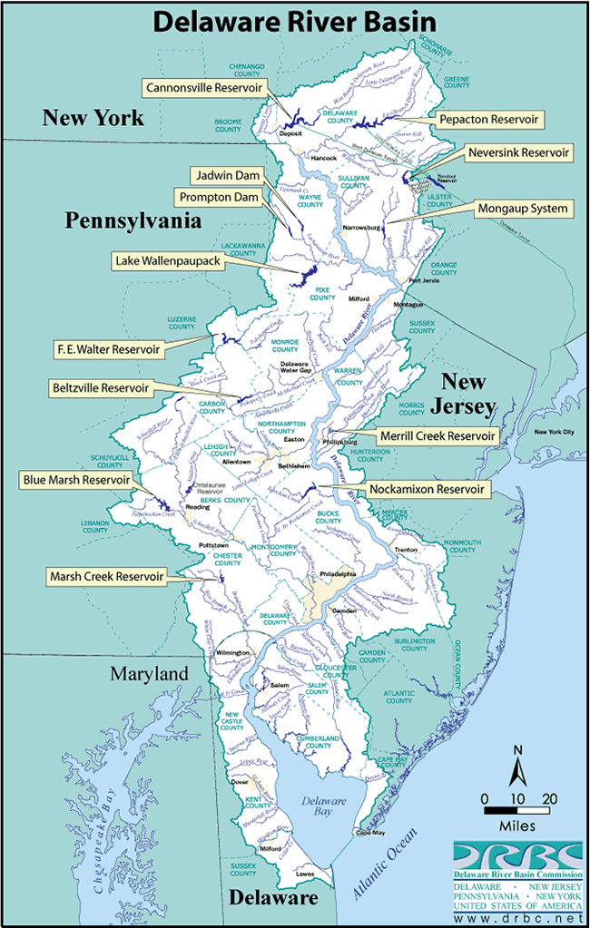 Map showing major reservoirs in the Delaware River Basin.