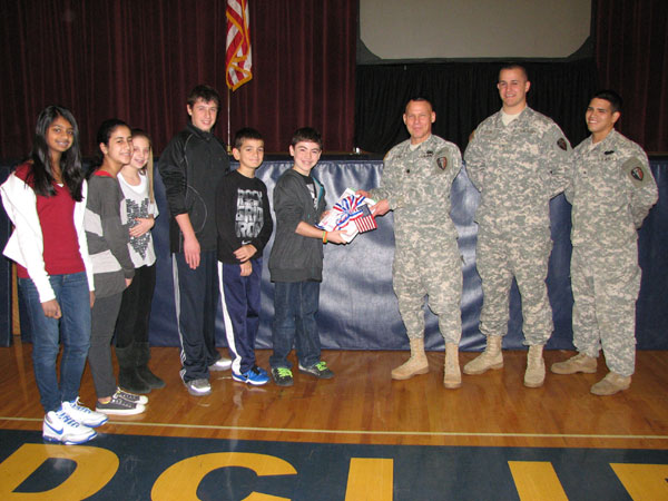 Lt. Col. Mark Piterski and Woodcliff Middle School students