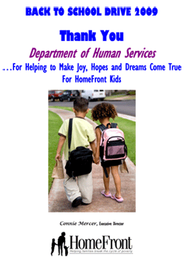 Thank You poster from HomeFront to DHS for the 2009 Back to School Backpack Drive