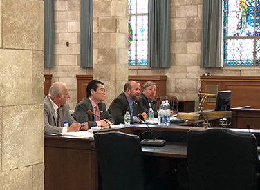 Photo of Assistant Commissioner Ron Marino, Deputy Commissioner Paul Yuen, Commissioner Asaro-Angelo, and Chief Financial Officer Bob Voorhees appear before the Senate Budget Committee at the NJ Statehouse to discuss Labor Department priorities for the coming fiscal year.