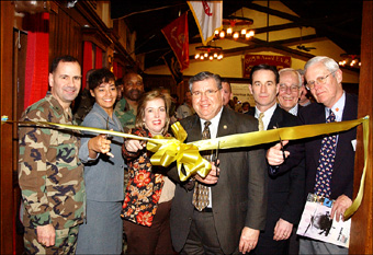Ribbon Cutting at the Morristown Family Assistance Center.  (l-r) Brig. Gen. Glenn K. Rieth, Deborah Woods-Haley, Family Readiness Group President;, Command Sgt. Maj. Richard S. Adkins, Jr.; Alison Littell McHose, 24R District; Sen. Anthony R. Bucco, 25R District, Freeholder John Murphy, Jan Wotowicz, former mayor, Morris Township and Scott Shephard, Salvation Army.  Photo by Sgt. 1st Class Declan Callan, NJDMAVA/PA.