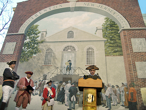 Reading of the Declaration of Independence in front of the outdoor mural of the first reading, Trenton