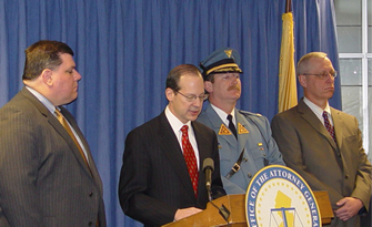 "Attorney General Stuart Rabner Announces Multi-million Dollar Prescription Drug Ring Bust" Pictured from left: Division of Criminal Justice Director Gregory A. Paw, Attorney General Stuart Rabner, NJ State Police Major James Fallon, and Chief State Investigator Paul Morris 