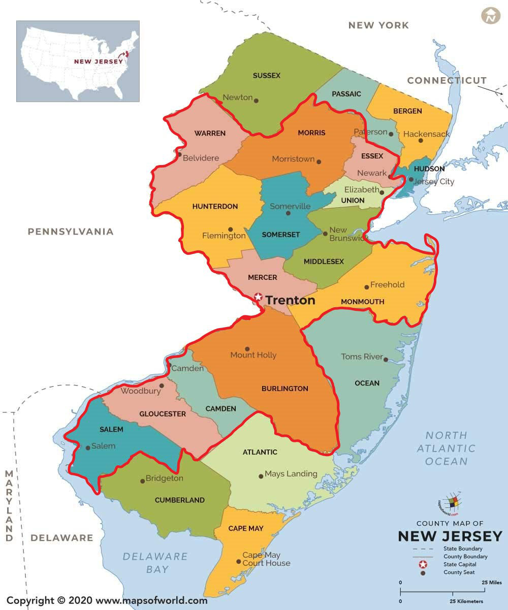 Mapf of NJ with counties that are quarantines highlightes. Refernce list in this section.