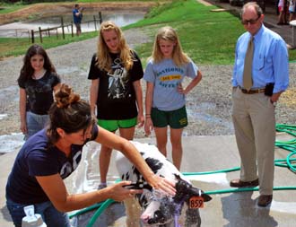 Photo of Breanna Fulper washing a cow as Secretary Fisher looks on