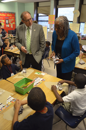 Photo of Audrey Rowe and Secretary Fisher in the classroom