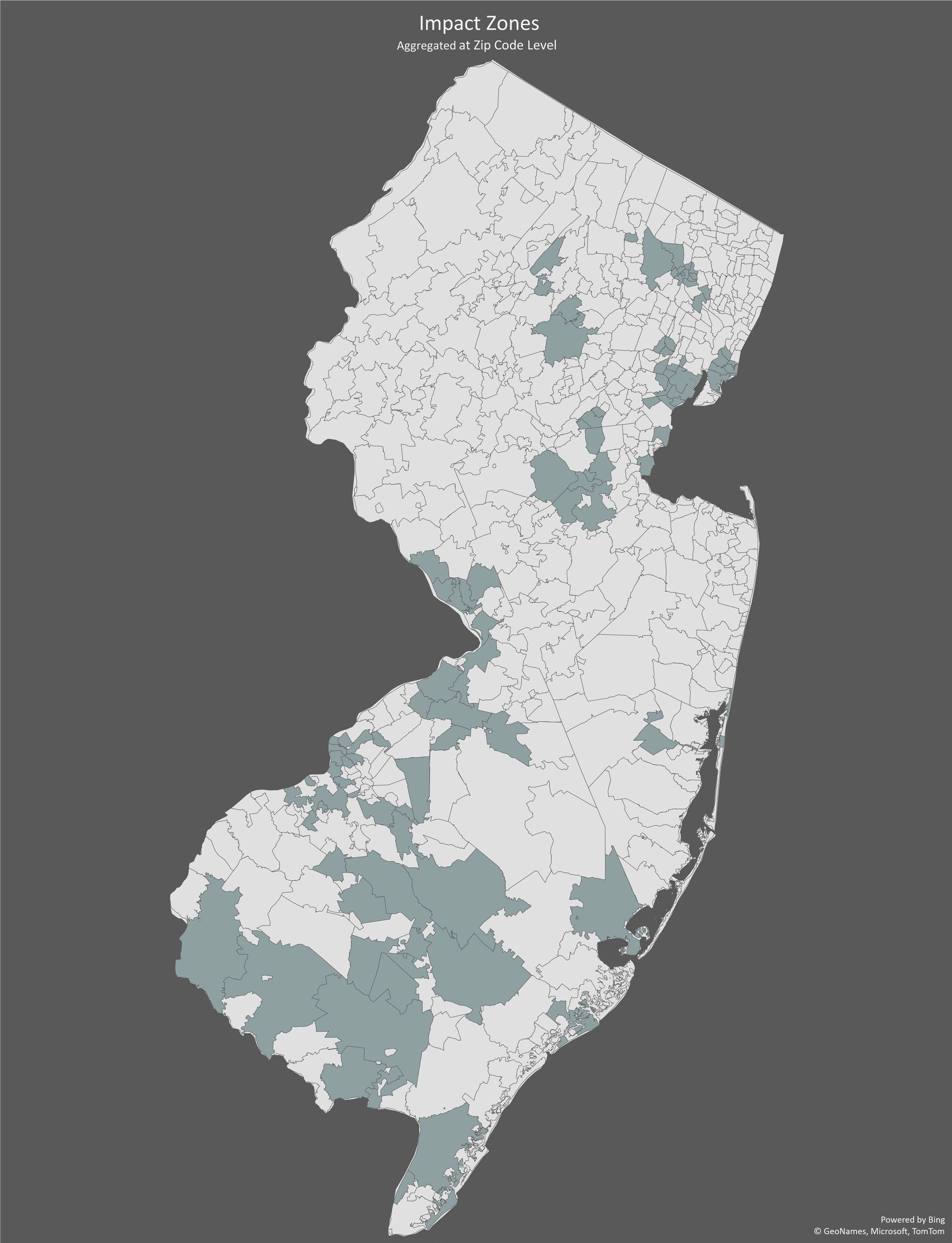 Map of NJ with Zip Code lcoations highlighted that area Impact Zones (See table of Impact Zones)