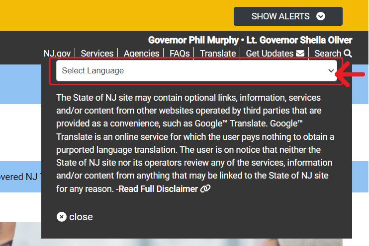 The top bar with yellow and black sections are visible. The blue section is covered by the translate pop-out menu. The 'Select Language' button has an arrow pointing to it. The text below 'Select Language' reads 'The State of NJ site may contain optional links, information, services, and / or content from other websites operated bv third parties that are provided as a convenience, such as Google Translate. Google Translate is an online service for which the user pays nothing to obtain a purported language translation.'
