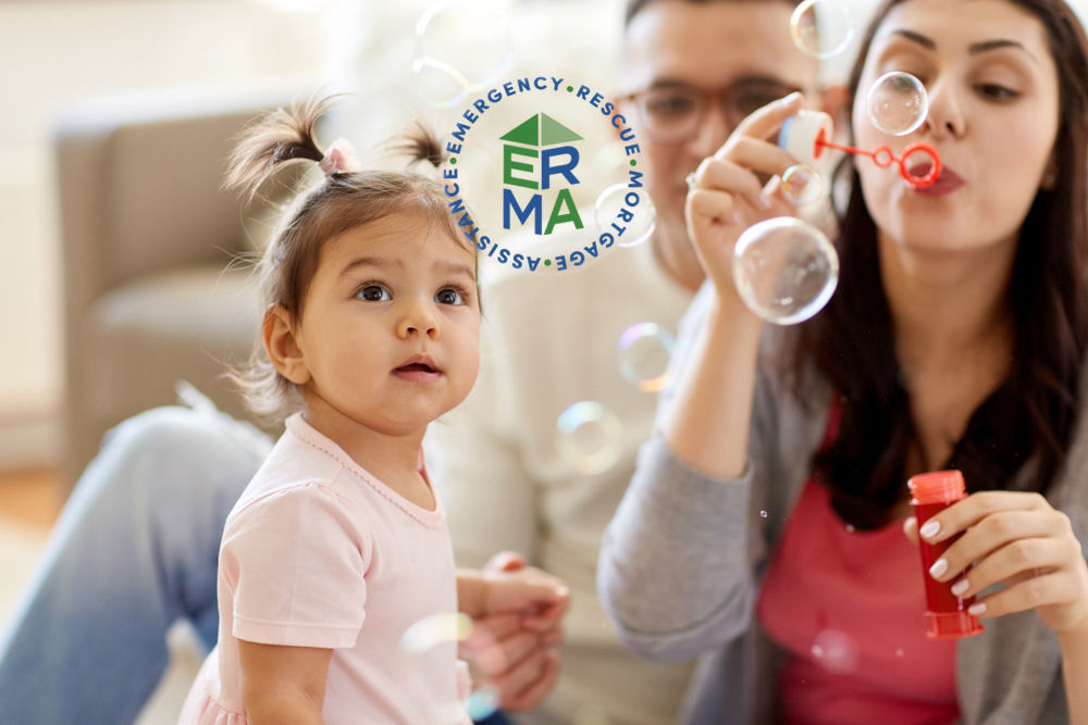 Child look up at bubbles