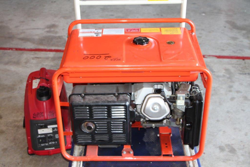 A generator and a gasoline can on the floor.