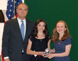 NJDEP Commissioner Bob Martin with Rachel Roesch and Patty Miraglilo, 7th grade students