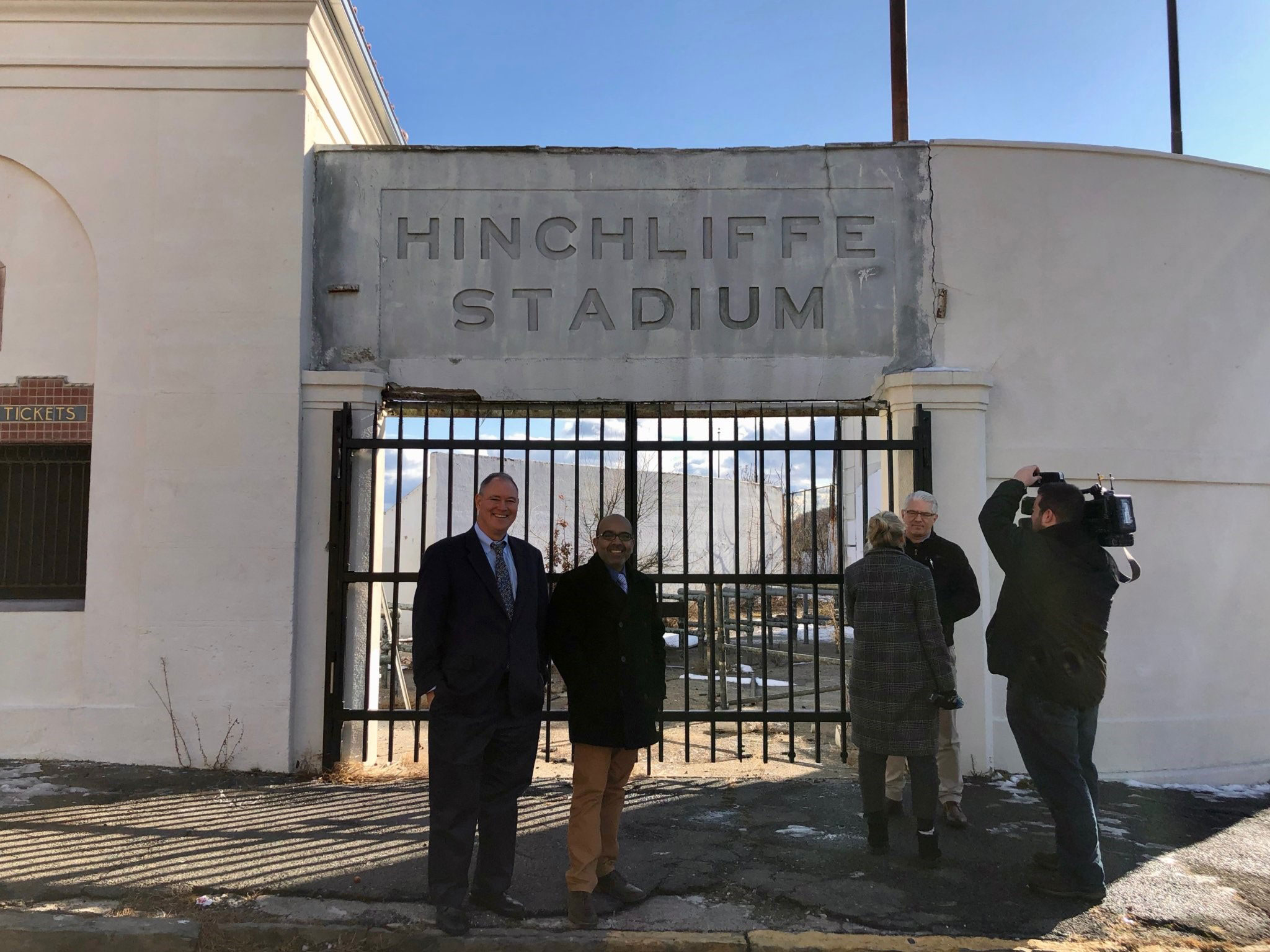 Frank McLaughlin, Manager of CCI (left), and AJ Joshi, CCI Liaison to Paterson (right) in front of Hinchliffe Stadium. [Julia Wong, NJDEP Office of Brownfield & Community Revitalization, December 5, 2019.]
