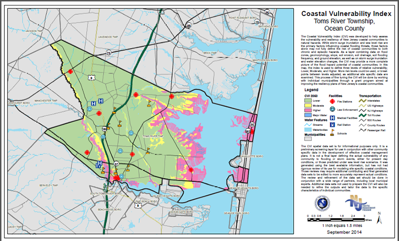 Map showing Coastal Vulnerabiltiy Index for Toms River Township Ocean County