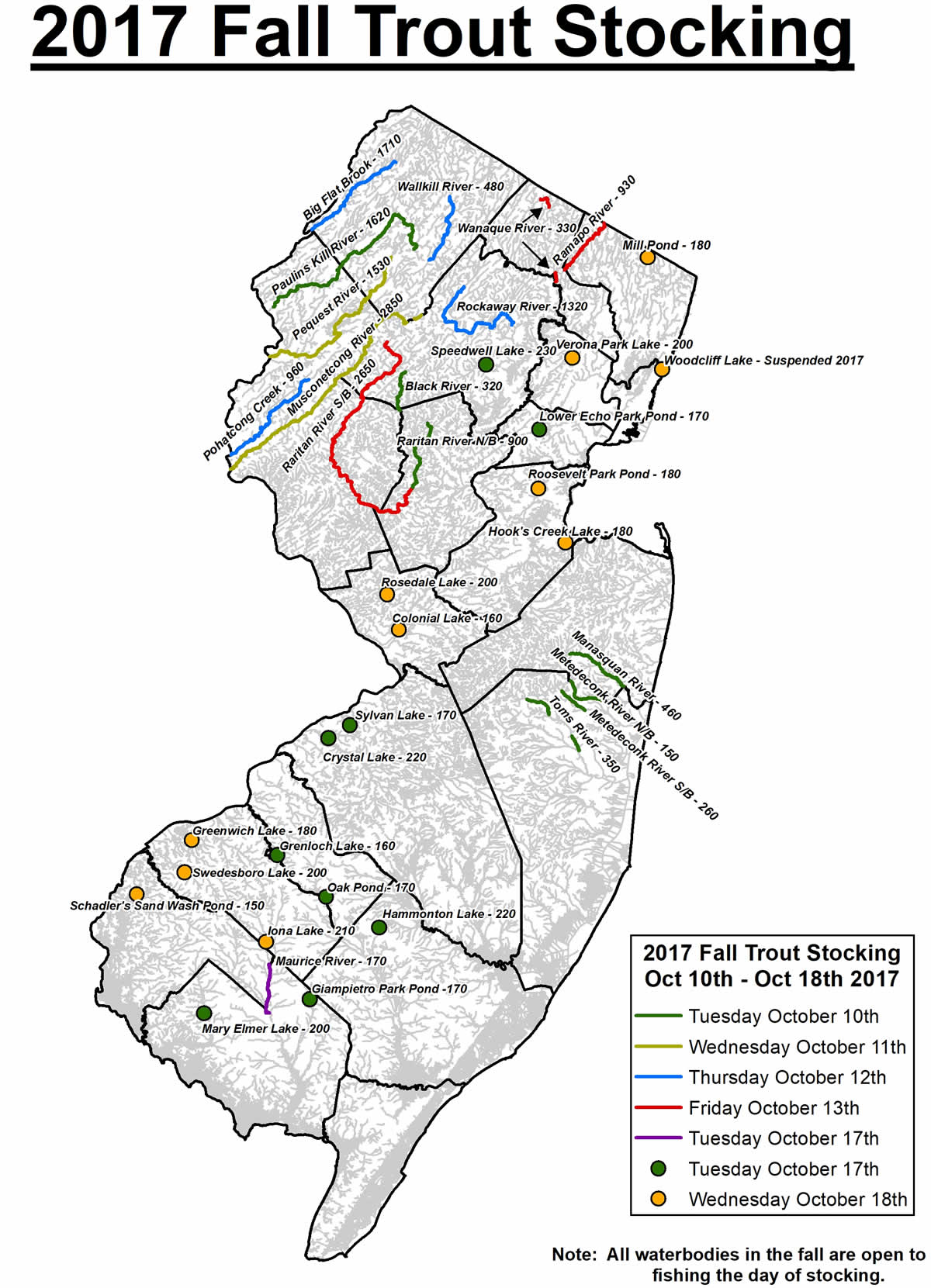 NJDEP Division of Fish & Wildlife Fall 2017 Trout Stocking Schedule