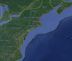 Map showing long distance movements of two tagged birds to the Canadian Maritimes