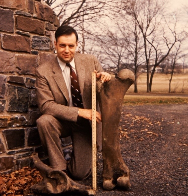 Kemble Widmer of the New Jersey Geological Survey with leg bone of Ohberg mastodon 