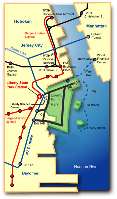 A map showing the location of Liberty State Park and the surrounding areas.   