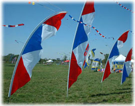 Red, white and blue flags dancing in the wind at Liberty State Park