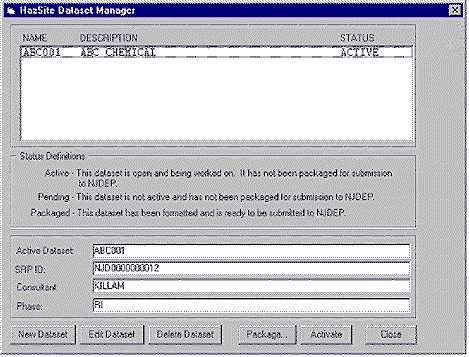 HazSite Application Dataset Manager Screen