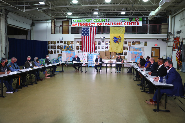 President Biden, Governor Murphy, and emergency officials at the Somerset County Emergency Operations Center after Remnants of Hurricane Ida on September 7, 2021.