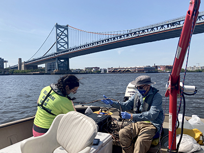 DRBC staff collect water samples by the Ben Franklin Bridge to monitor dissolved oxygen levels. Photo by DRBC.