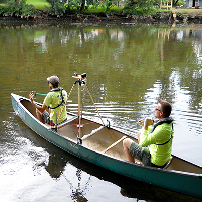 DRBC staff practice canoeing with the hemispherical camera setup. Photo by the DRBC.