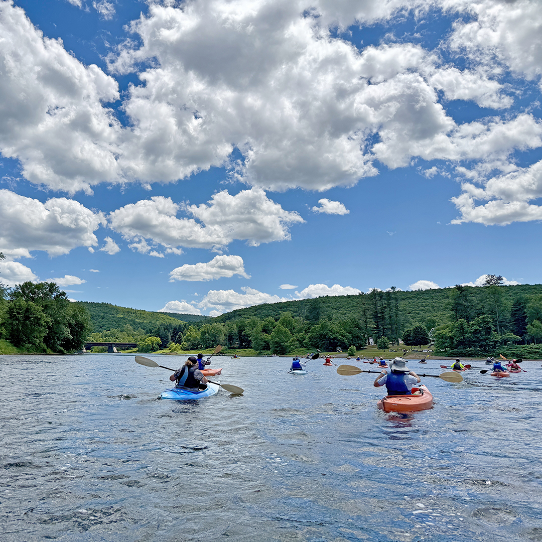 Paddlers approach the Zane Grey Access & Roebling Bridge. Photo by the DRBC.