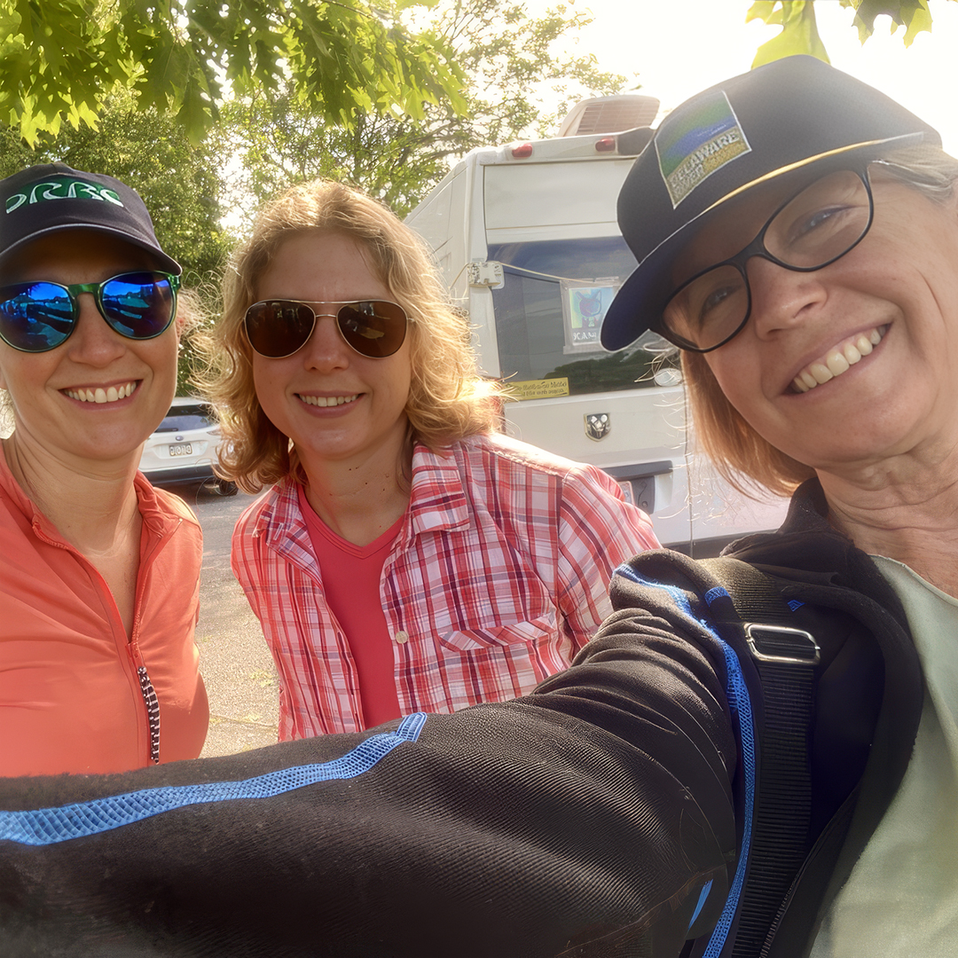 DRBC's Elizabeth Brown (L), Delaware River Greenway Partnership's Cindy Kunnas and Washington Crossing Park Association's Annette Earling (R) pose for a photo on Day 6. Earling was just honored with the Sojourn's High Admiral Award. Photo by the DRBC.