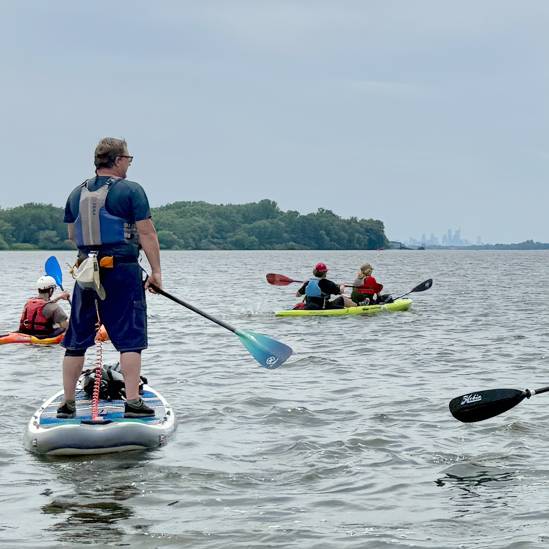 This year, the Sojourn had its first through-tripper (paddled all 7 days) on a paddleboard! Here, Sojourners paddle back towards Philadelphia's Pleasant Hill Park. Photo by the DRBC.