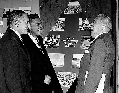 The Delaware River Basin Advisory Committee (DRBAC) was established in Dec. 1955 by joint action of the four basin state governors and the mayors of New York City and Philadelphia. Shown here sharing a laugh at DRBAC's second "summit meeting" in Phila. on 9/30/1959 are (from left to right) Phila. Mayor Richardson Dilworth, N.J. Gov. Robert Meyner, and Pa. Gov. David Lawrence. It was at this meeting that the four governors and two mayors accepted a recommendation for a joint federal-state commission to be created by compact between the states and the federal government. They directed the DRBAC to draft the necessary legislation that would eventually lead to the DRBC's creation in 1961.