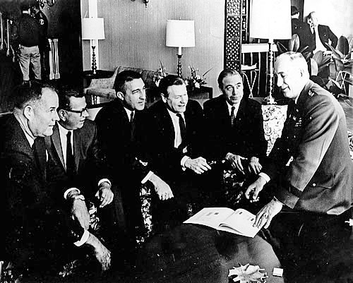 The 2/27/1963 DRBC meeting held in Wilmington, Del. was the first commission session attended by all four governors and Interior Secretary Stewart Udall (appointed by President Kennedy as the DRBC federal member). Pictured here (from left to right) are Del. Gov. Elbert Carvel, N.J. Gov. Richard Hughes, Secretary Udall, N.Y. Gov. Nelson Rockefeller, Pa. Gov. William Scranton, and Lt. Gen. W. K. Wilson, Jr. (Chief of Army Engineers). Secretary Udall and Governor Rockefeller became commission chairman and vice chairman, respectively, at this reorganization meeting.