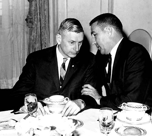 The 1964 reorganization meeting of the DRBC was held in New York City on February 27.  It marked the second exchange of the gavel with the chairmanship passing to New York Governor Nelson Rockefeller from U.S. Interior Secretary Stewart Udall, shown at right conferring with Maurice Goddard, then Pennsylvania Secretary of Forests and Waters.