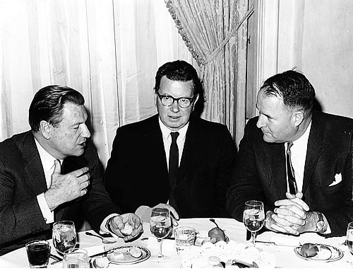 The DRBC at its February 27, 1964 meeting adopted its first Water Resources Program, a six-year action timetable based on the long-range content of the Comprehensive Plan that had been adopted two years earlier. Pictured here (left to right) are New York Governor Nelson Rockefeller, New Jersey Governor Richard Hughes, and Delaware Governor Elbert Carvel. Gov. Rockefeller was elected DRBC chair at this meeting.