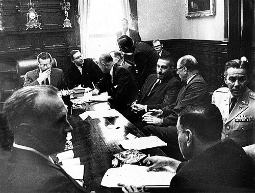 The first of many high-level meetings on the Delaware Basin drought of the mid-1960s was held in the office of New Jersey Governor Richard Hughes in July of 1965. Gov. Hughes is pictured here seated under the mantel clock. Next to the governor is his counsel, David Goldberg, who later served as DRBC general counsel from 1977 to 2001. Secretary of the Interior Stewart Udall, President Lyndon Johnson’s appointed federal DRBC member, is among those in attendance.