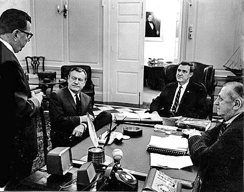 (Left to right): New Jersey Governor Richard J. Hughes; New York Governor Nelson A. Rockefeller, Pennsylvania Governor Raymond P. Shafer, and Delaware Governor Charles L. Terry, Jr. discuss basin business during a sidebar conference at the March 2, 1967 meeting held in Delaware’s State Capitol at Dover.  At this meeting, the commission adopted the most comprehensive water quality standards of any interstate river basin in the nation. The standards were tied to an innovative waste load allocation program which factored in the waste assimilative capacity of the tidal Delaware River.  The commission also declared a welcome termination of the basin’s severest and most prolonged drought.