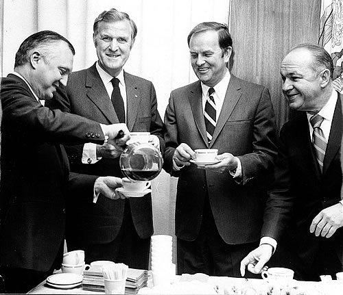 Sharing a pot of coffee at the commission’s eighth annual reorganizational meeting held April 14, 1970 are, (left to right), U.S. Secretary of the Interior Walter J. Hickel (President Richard Nixon’s appointed federal DRBC member), Pennsylvania Governor Raymond P. Shafer, Delaware Governor Russell W. Peterson, and New Jersey Governor William T. Cahill. Governor Cahill succeeded New York Governor Nelson A. Rockefeller, the only remaining original DRBC member, as 1970 chairman.  Citing efforts to emulate the Delaware Basin Compact in the Susquehanna and Potomac Basins, Governor Rockefeller said upon stepping down that the Delaware arrangement “still appears the best approach devised for managing an interstate river system.”