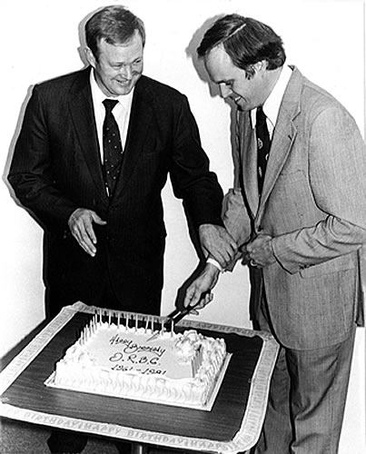 DRBC Executive Director Gerald M. Hansler looks on as Chairman Pro Tem Thomas P. Eichler of Delaware cuts a cake marking the commission’s 20th anniversary on October 27, 1981. Mr. Eichler, who represented Delaware Governor Pierre S. duPont on the DRBC for four years, would later leave his post as director of the Division of Environmental Control in the state's Department of Natural Resources and Environmental Control in 1983 to become regional administrator of the U.S. Environmental Protection Agency in Philadelphia.