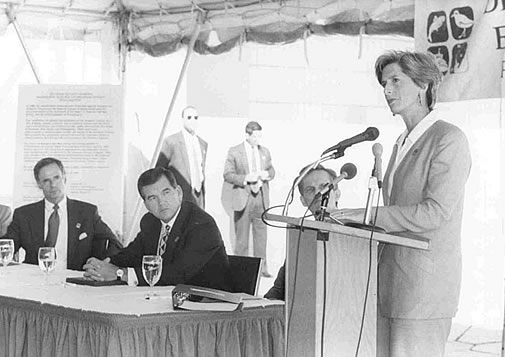 New Jersey Governor Christine Todd Whitman speaks at the signing of the Comprehensive Conservation and Management Plan (CCMP) for the Delaware Estuary on September 19, 1996. Also signing the CCMP at the ceremony in Philadelphia were (from left to right) Delaware Governor Thomas R. Carper and Pennsylvania Governor Tom Ridge. The 1996 plan, a product of the Delaware Estuary Program, provided a framework and new focus for effective integration of ongoing management activities within the estuary -- the tidal portion of the Delaware River and the Delaware Bay.