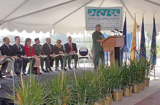Delaware Gov. Ruth Ann Minner is pictured here addressing elected and environmental leaders along with other interested watershed stakeholders at an event held in Wilmington on 9/13/2004 to celebrate the completion of the Water Resources Plan for the Delaware River Basin ("Basin Plan"). Also pictured (from left to right) are Joe DiBello (National Park Service), Donald Welsh (U.S. EPA, Reg. 3), Jane Kenny (U.S. EPA, Reg. 2), Brig. Gen. Merdith W.B.Temple (DRBC Fed. Rep.), N.J. DEP Commissioner Bradley Campbell (Gov. McGreevey's alternate on the DRBC), Pa. Lt. Gov. Catherine Baker Knoll (representing Gov. Rendell), and N.Y. DEC Division of Water Assistant Director Fred Nuffer (Gov. Pataki's DRBC alternate & commission chair).