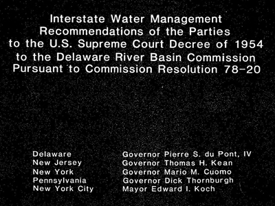 The construction of Merrill Creek Reservoir was one of the recommendations contained in the “Good Faith” agreement, formally titled “Interstate Water Management Recommendations of the Parties to the U.S. Supreme Court Decree of 1954 to the Delaware River Basin Commission pursuant to Commission Resolution 78-20.”  The agreement, which was signed in late 1982 and early 1983 by the governors of Del., N.J., N.Y., and Pa. and by the mayor of N.Y. City, was described in the 1985 DRBC annual report as “the blueprint for future water supply management in the basin.” It contains 14 recommendations for upgrading water resources management in the basin, focusing on conservation as it relates to droughts, water storage capacity, and the salt line.
