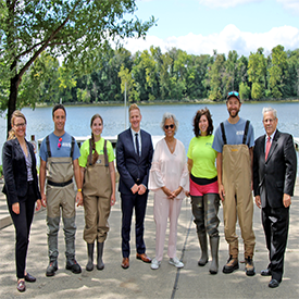 From L to R: DRBC's Kristen Bowman Kavanagh, Jeremy Conkle & Bailey Adams; NJDEP Commissioner Shawn LaTourette, Congresswoman Bonnie Watson Coleman, DRBC's Elaine Panuccio and Jake Bransky and Ewing Twp. Mayor Bert Steinmann. Photo by the DRBC.