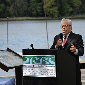 Ewing Township Mayor Bert Steinmanngives remarks in support of CPF for the DRBC. Photo by the DRBC.