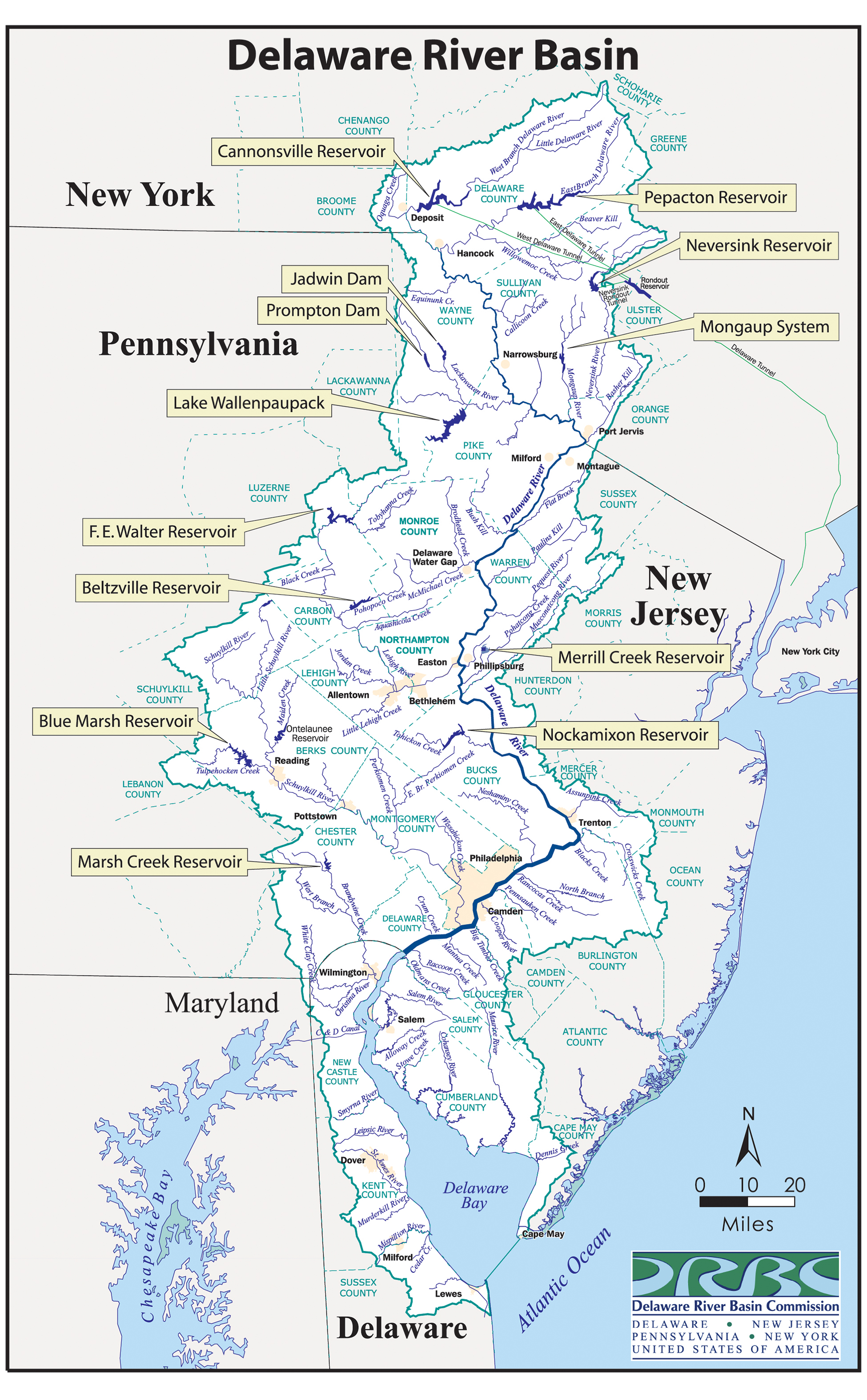 Map showing the locations of major reservoirs in the DRB. 